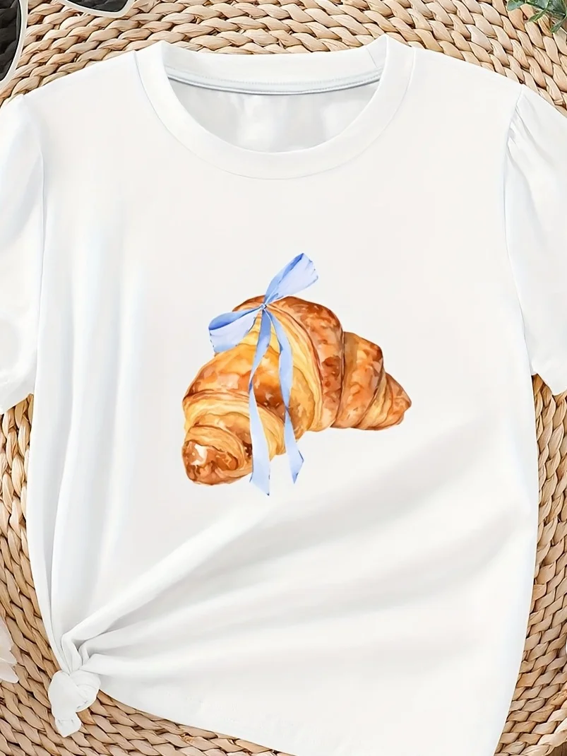 

Женская повседневная футболка с круглым вырезом, круассан, бант, графический принт, летние модные топы с короткими рукавами, универсальная повседневная одежда для женщин