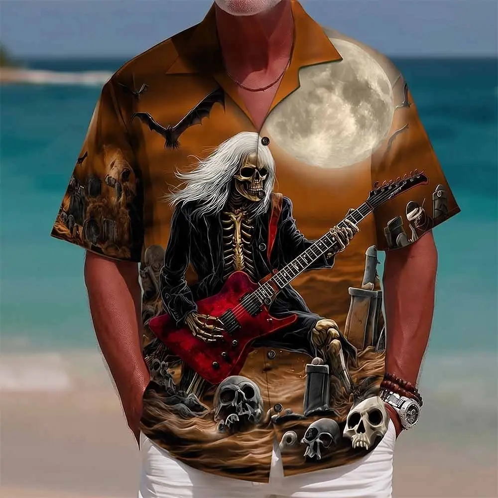 Men's Grim Reaper Guitar Skull 3D Print Short Sleeve Shirt Retro Music Festival Holiday Daily Tops Blue Brown Gray Spring Summer
