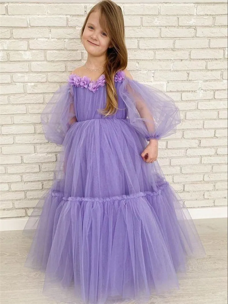 

New Lilac Pageant Gowns for Girls Puffy Long Sleeve A-Line Girls Birthday Party Dresses Flower Girl Dress for Wedding