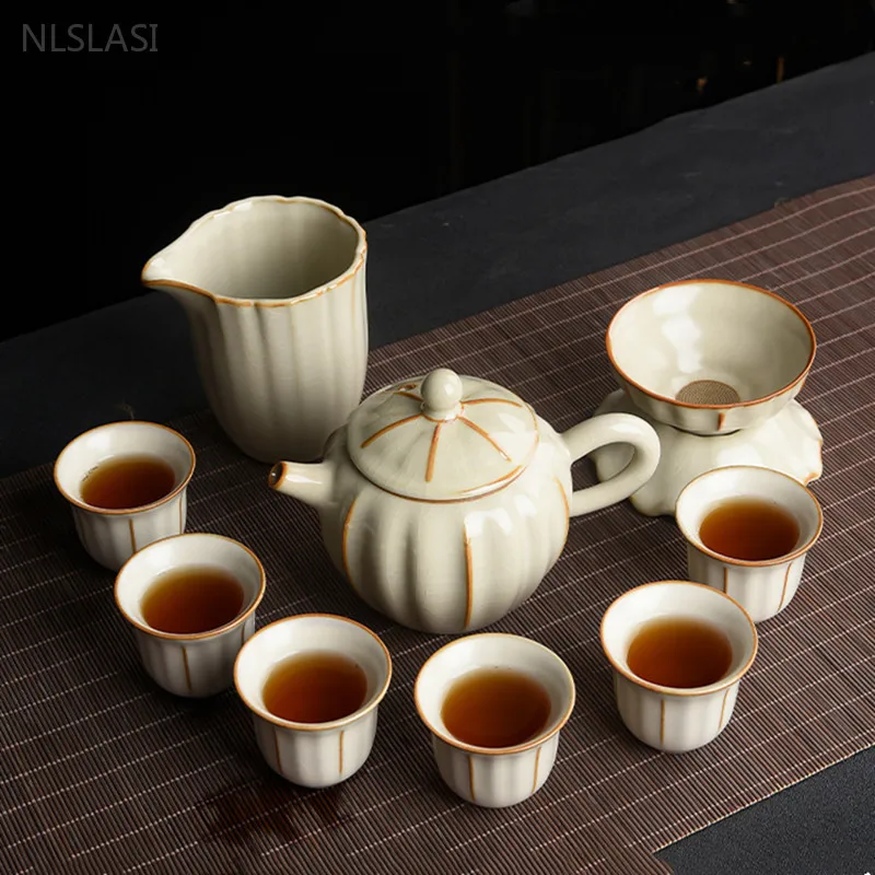 

Ru Kiln Ceramic Tea Set Home Ice Crack Glaze Filter Tea Infuser Custom Tea Pot and Cup Set Chinese Porcelain Drinkware