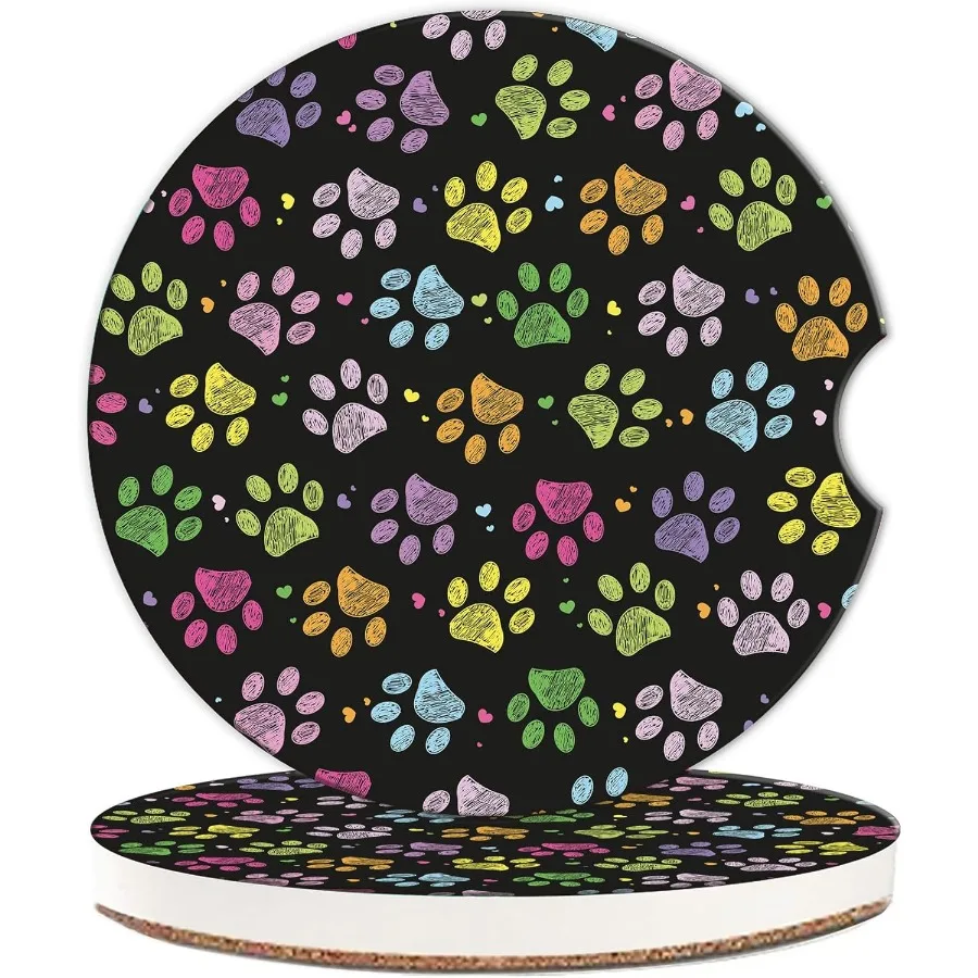 

Dog Paw Prints Car Coasters 2PCS versal Anti Slip Ceramic Car Coasters with A Finger Notch
