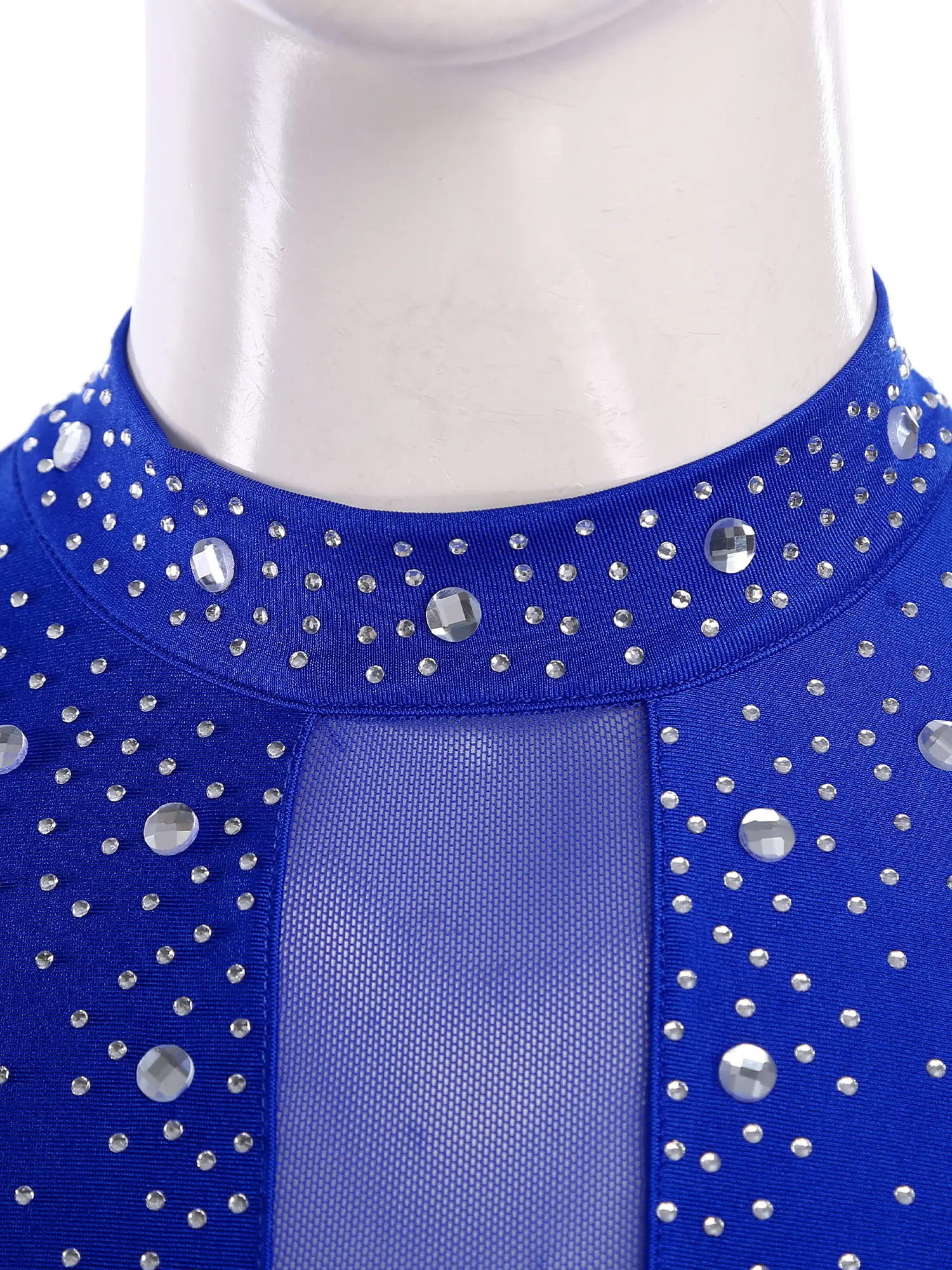 Glitzernder Strass-Gymnastik-Eiskunstlauf-Ballett-Tanztrikot-Trikot für Damen, langärmelig, durchsichtiger Netz-Body, Tanzbekleidung