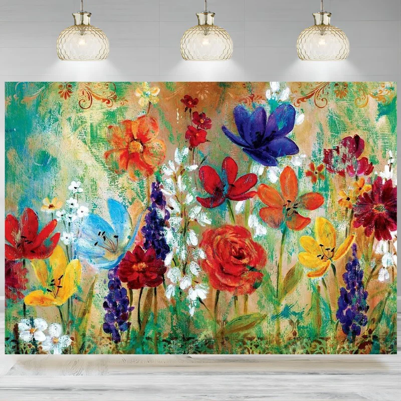 Spring Summer Oil Painting Forest Rural Art Flower Party Decoration Bohemian Handmade Photographic Background Backdrop Banner