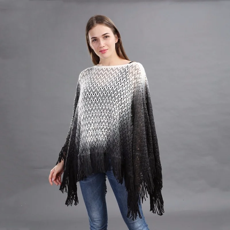 2024 Hot Sale Tassel Gradient Wave Pattern Women\'s Shawl Top Loose Plug Size Knitted Cape Ponchos Bat Sleeve Dropshipping