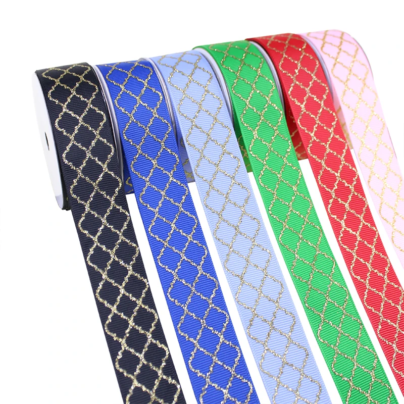 

1'' 25mm Gold Foil Glitter Diamond Cloverleaf Printed Grosgrain Ribbon For DIY Hair Bows Gift Packing