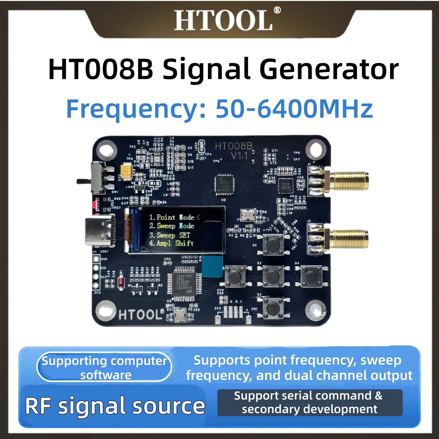 HT008B RF Signal Generator 50MHz-6.4GHz Dual-Channel Frequency Synthesizer Sweep Source Low Phase Noise USB Serial Control