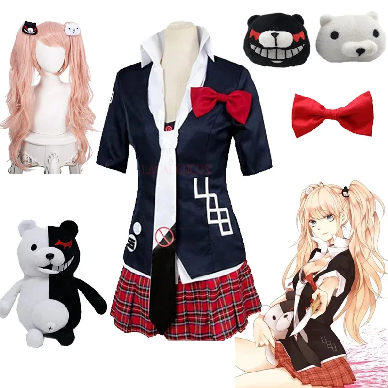 Аниме Danganronpa Косплей Костюм Enoshima Junko Униформа Одежда для кафе Короткая юбка Двойной хвост Коса Парик Монокума Медведь Головные уборы