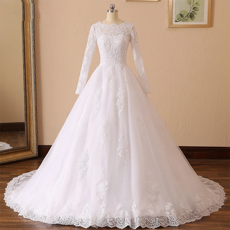 

LAYOUT NICEB Long Sleeves Wedding Dresses Luxury Ball Gowns Robe De Mariee Appliques Lace Beading Bride Illusion Vestidos Novia