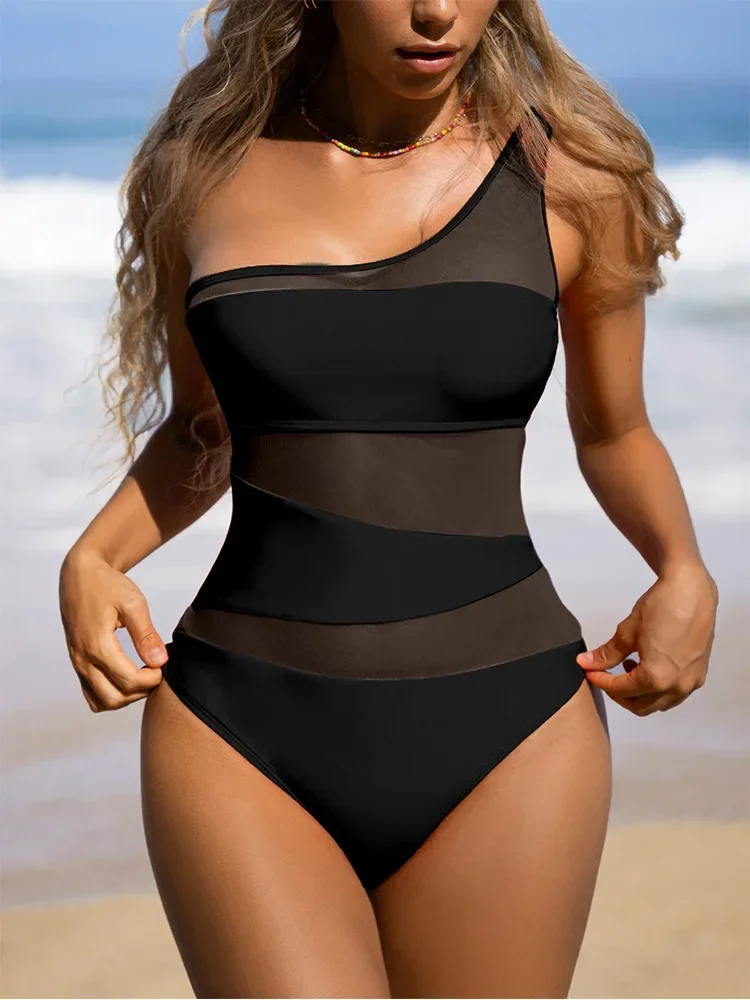 Sexy One shoulder Mesh Patchwork One-pieces Swimwear Women 2026 New Hollow Out High Cut Women's swimsuit Monokini Push Up Bikini
