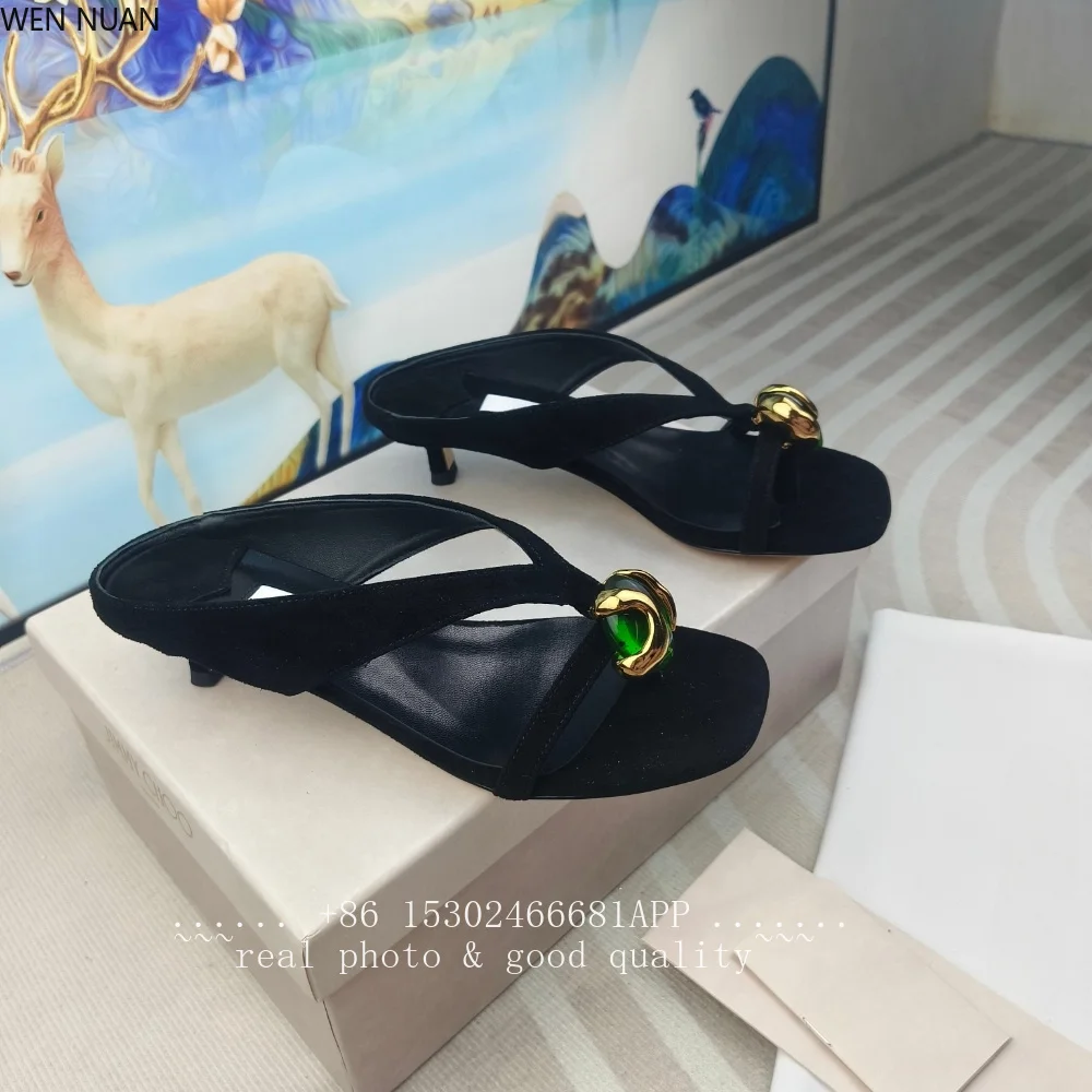 Leather toeless sandals for women with metal decorations square toe beach-themed gemstone accents versatile casual flip-flops