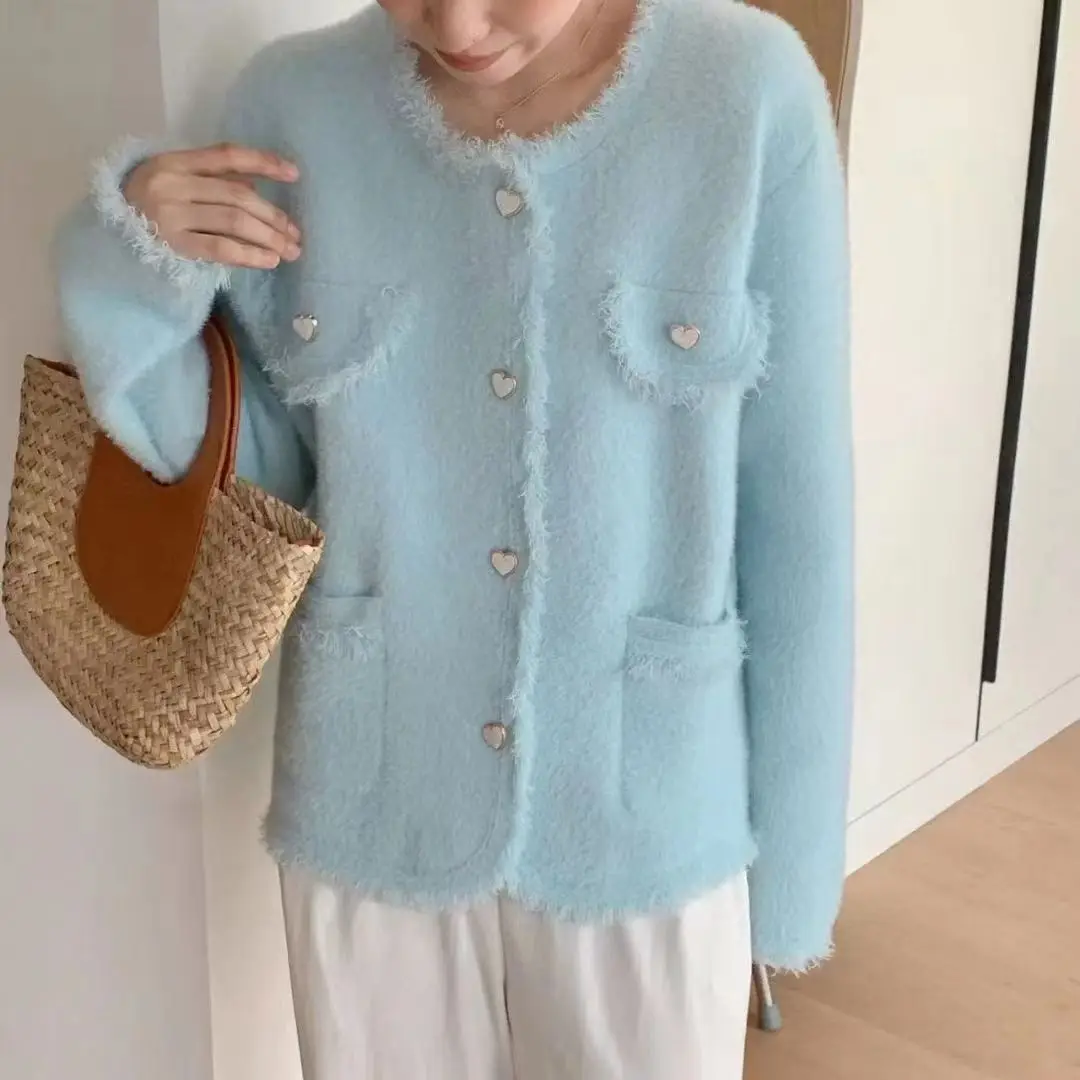 

Autumn Winter New Style Fragrance Style Fashion Pure Color Button Detail Chic Knitted Tassel Cardigan Women's Outerwear