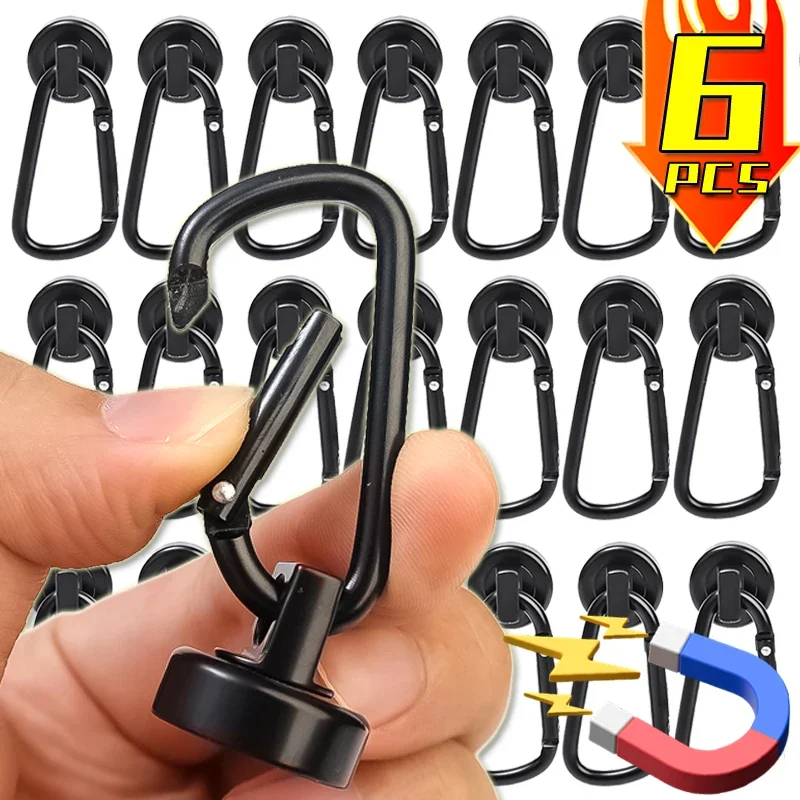 

1/6PCS Carabiner Magnetic Hooks Strong Neodymium Magnet with Swivel Carabiner Heavy Duty Kitchen Bathroom Hanging Magnetic Hook