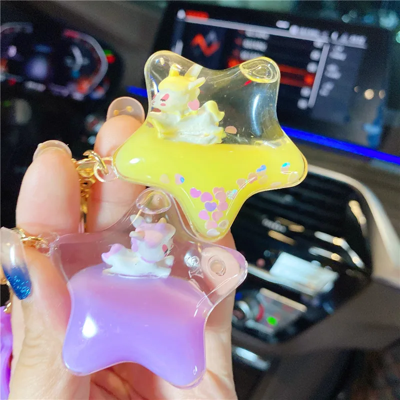 3pcs Cute Unicorn Pony Into Oil Star Bottle Quicksand Keyring Girl Bag Trinket Cartoon Floating Cat Liquid Heart Sequin Keychain