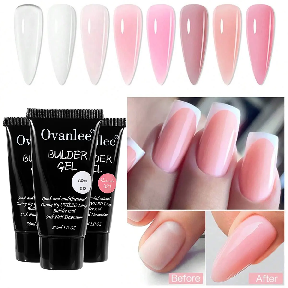 Ovanlee 12 color nail crystal extension adhesive UV solid, paper free quick extension model adhesive 30ml