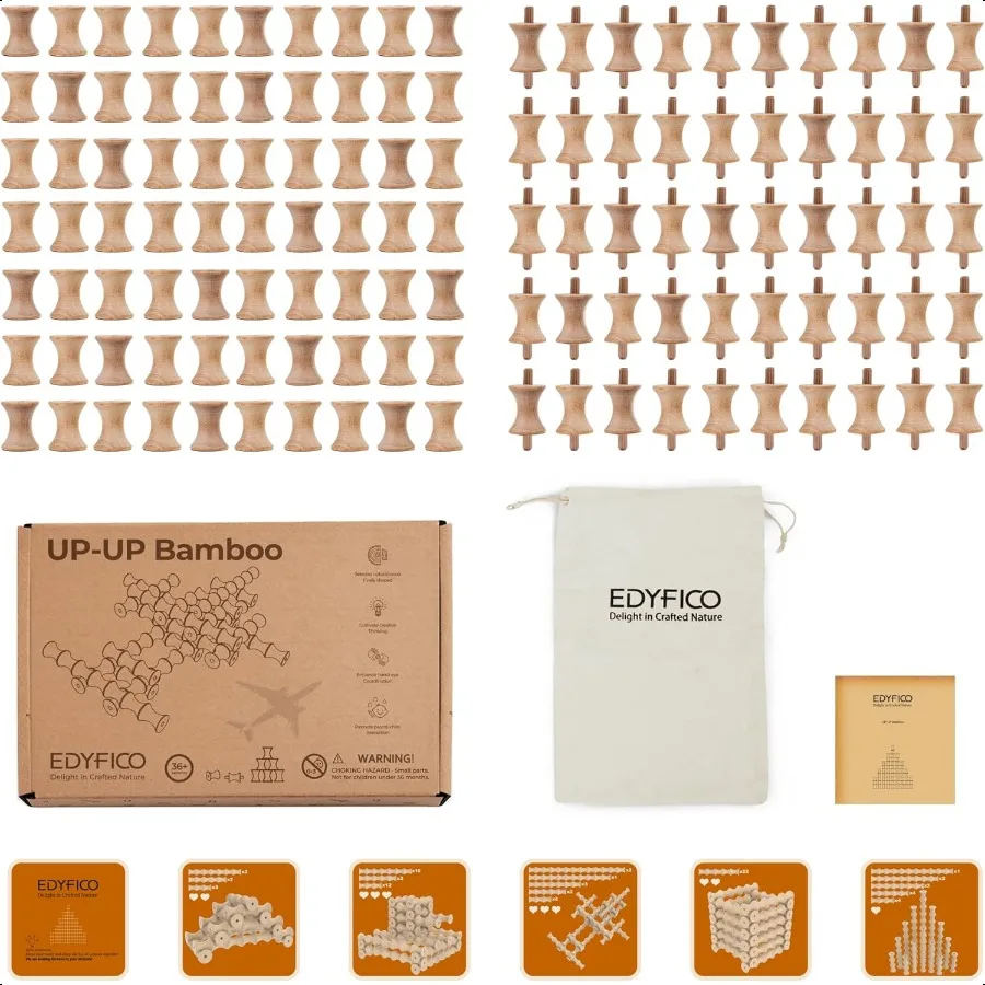 Building Toys Wooden Building Blocks for Montori Toys 120Pcs Waving Stacking Blocks Durable Safe Wood STEM Toy with Canvas Bag