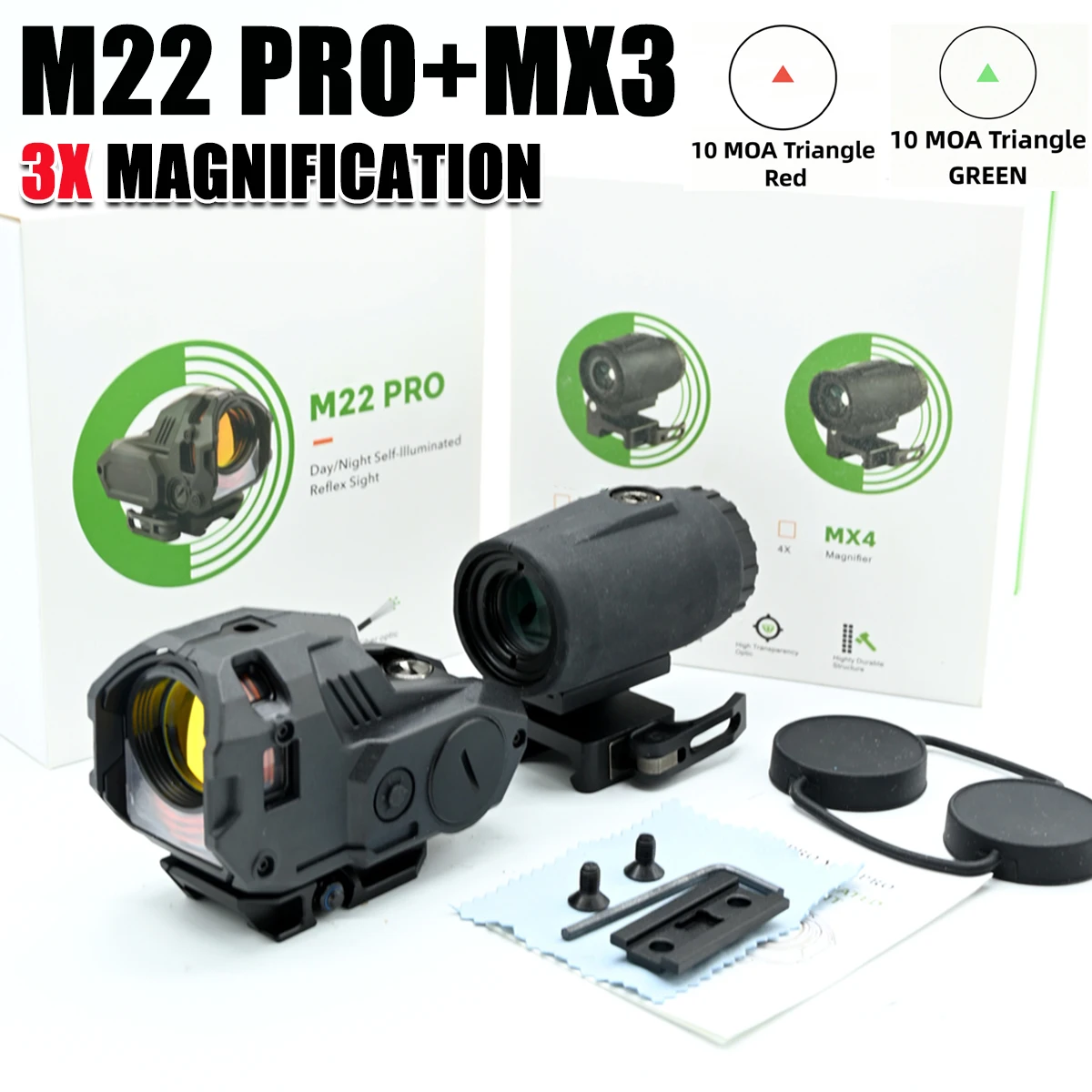 

Тактический голографический прицел M22 PRO+MX3 с увеличителем и красной/зеленой оптикой, реалистичная волоконно-оптическая треугольная сетка, рефлекторный прицел