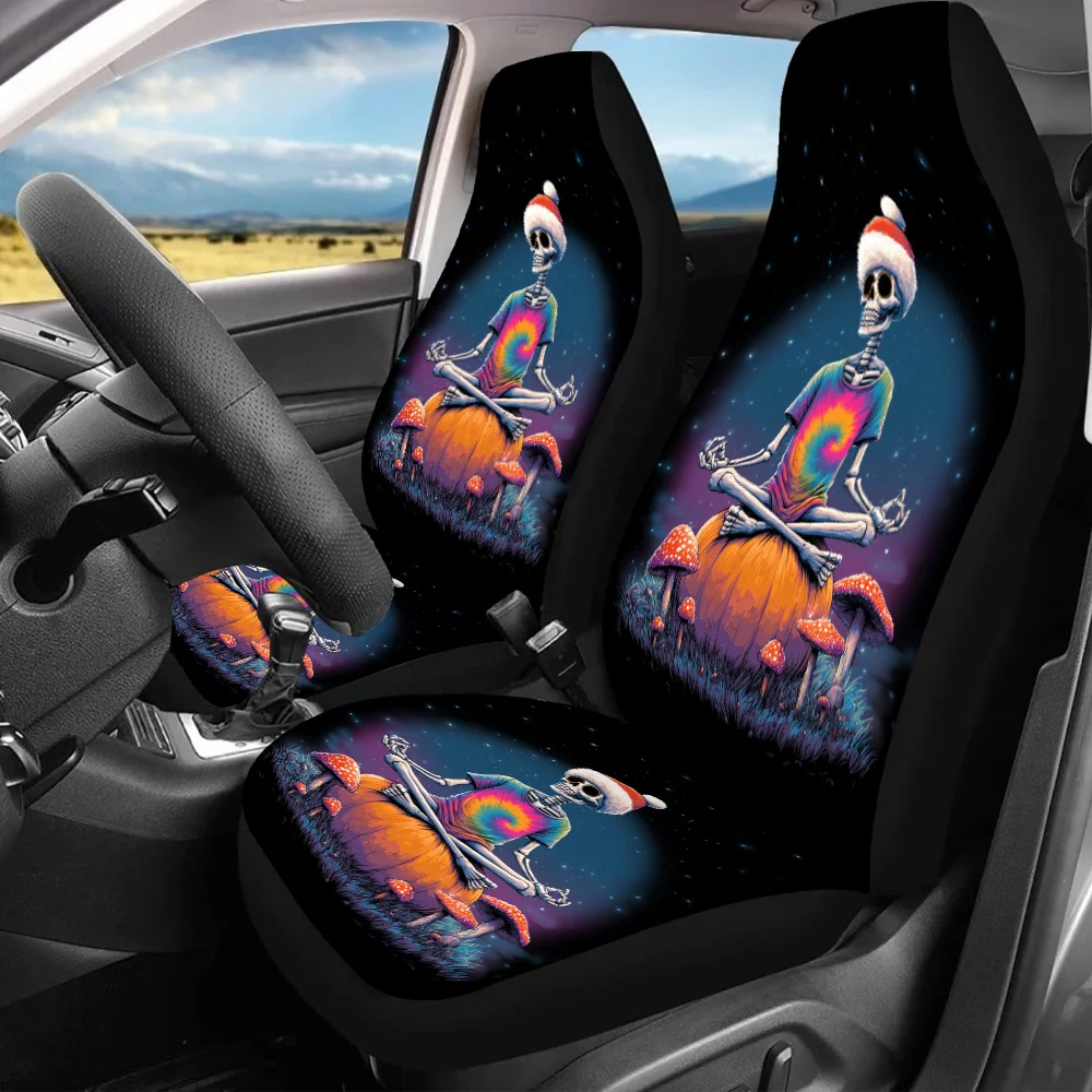 Set Of 2 Skull-Themed Meditating Car Seat Covers, Suitable For All, Designed As Car Additions For Women. These Universal Front S