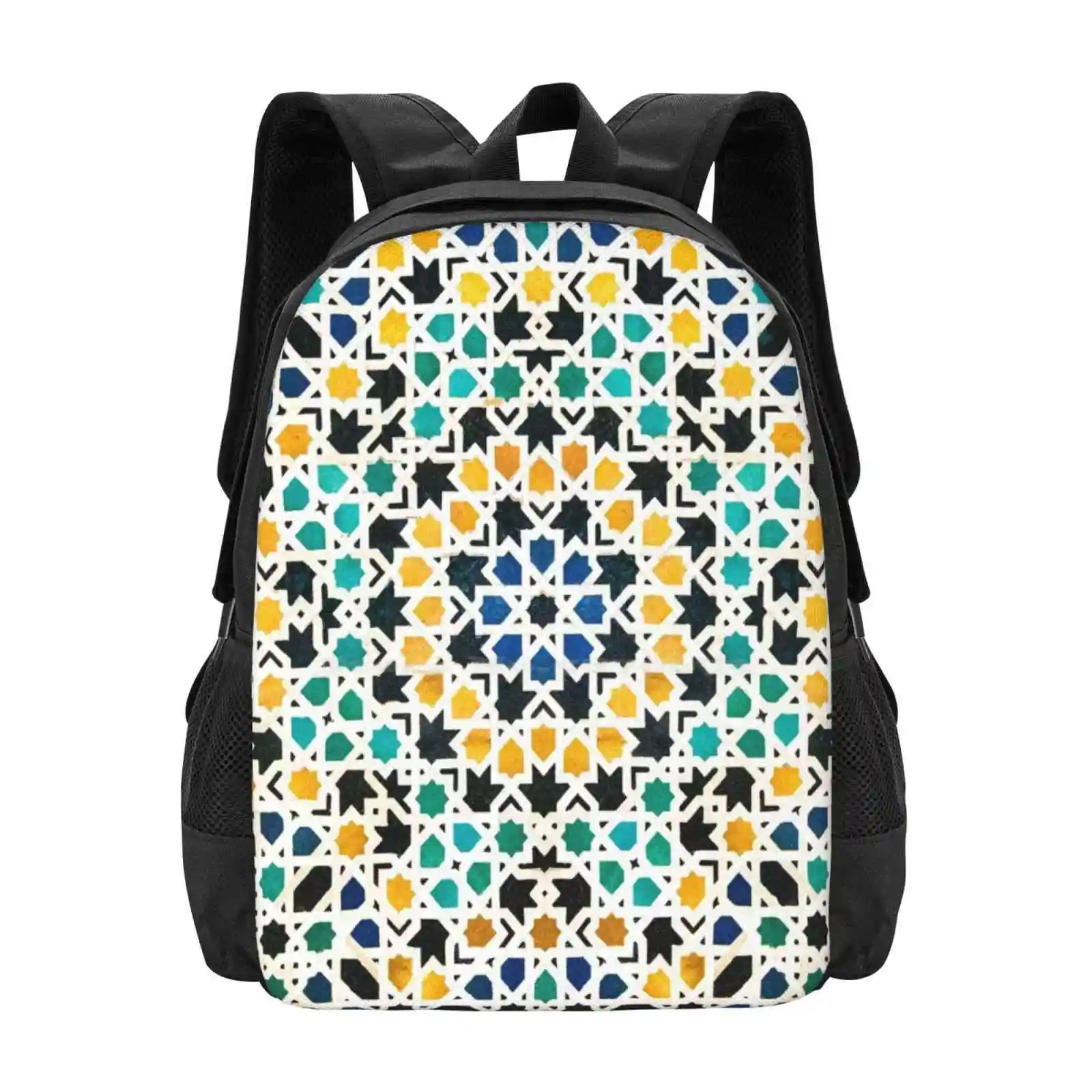 Alhambra Tessellation Teen College Student Backpack Pattern Design Bags Pattern Geometry Mosaic Ceramics Abstract Symmetry