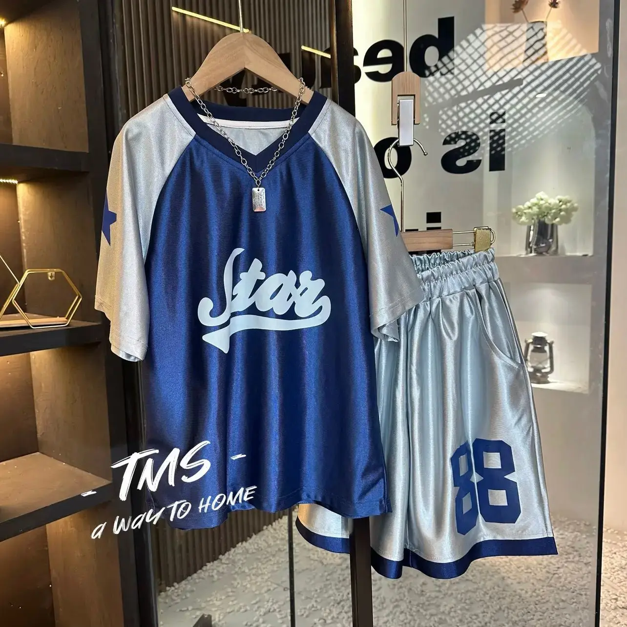 Summer Glossy Blue Women Kid Baseball T Shirt 2 Pieces Set Plus Size Letter Print Hip Hop Short Sleeve Shirts Shorts