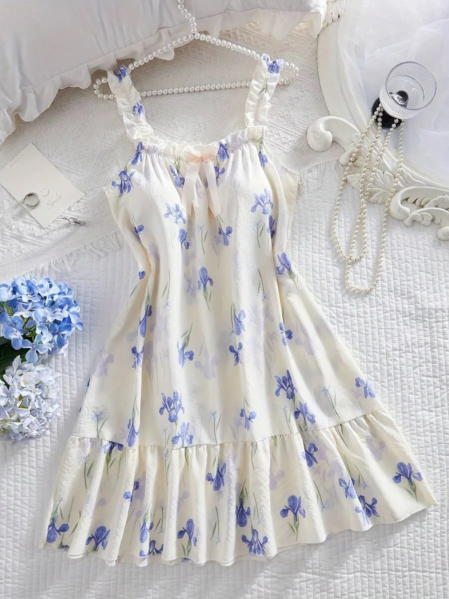Women Cold Shoulder Floral Print Nightgown, Ruffle Strap Hem Light Thin Breathable Summer Loungewear