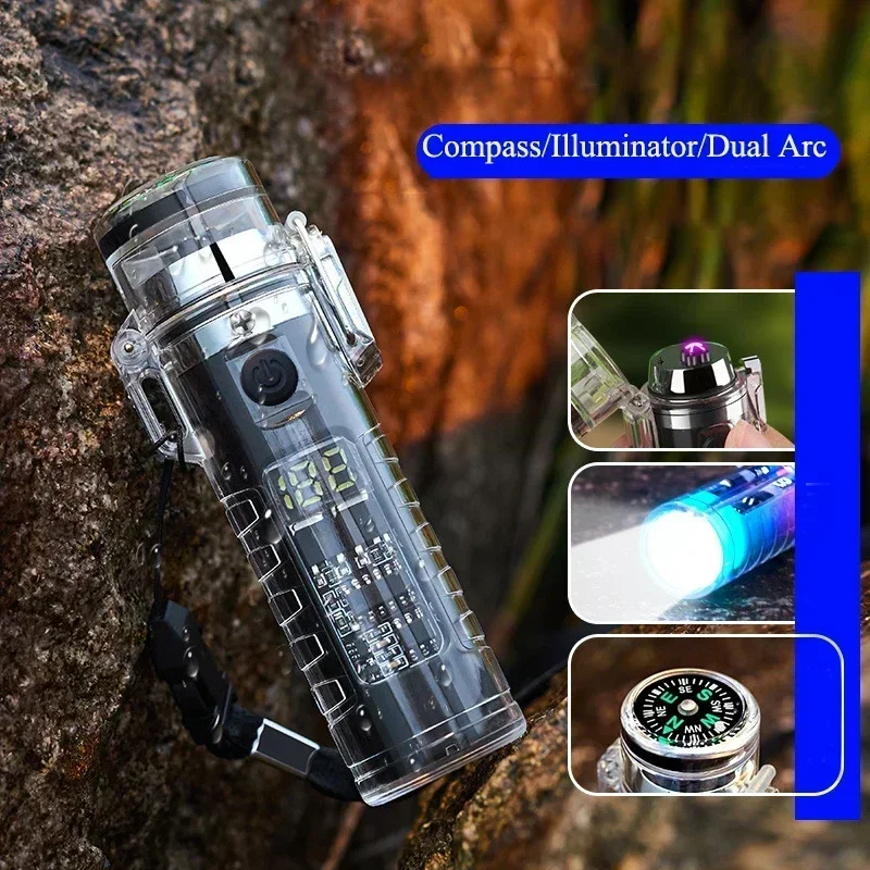 Outdoor Windproof Double Arc Pulse Flameless Lighter Flashlight Compass Multifunctional Lighter LED Display Sealed Waterproof