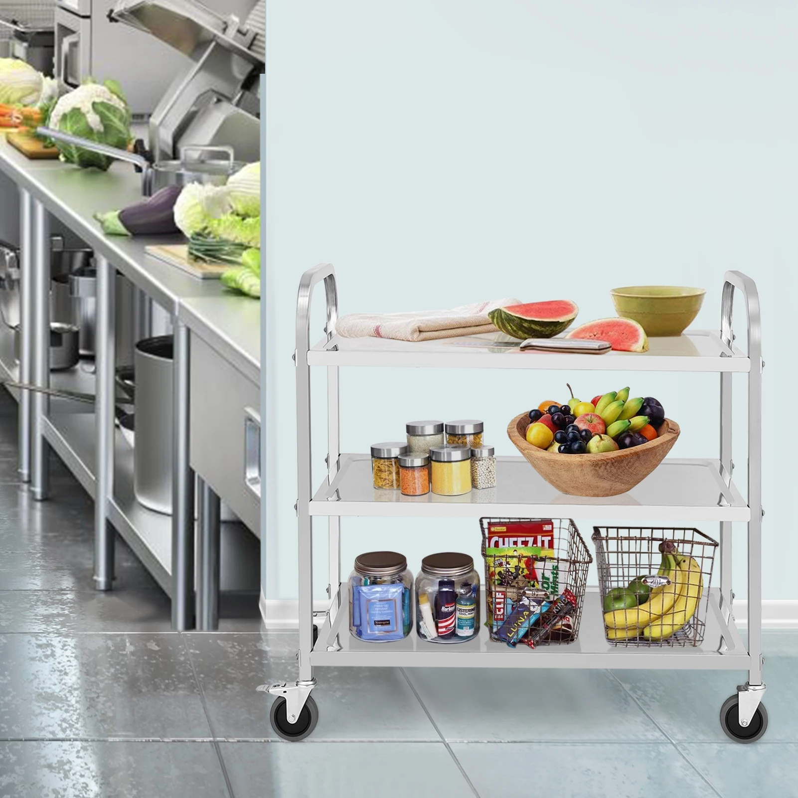 3-laags heavy-duty trolley-rolwagen, roestvrijstalen gereedschapswagen met handvat en afsluitbare wielen, voor keuken, restaurant