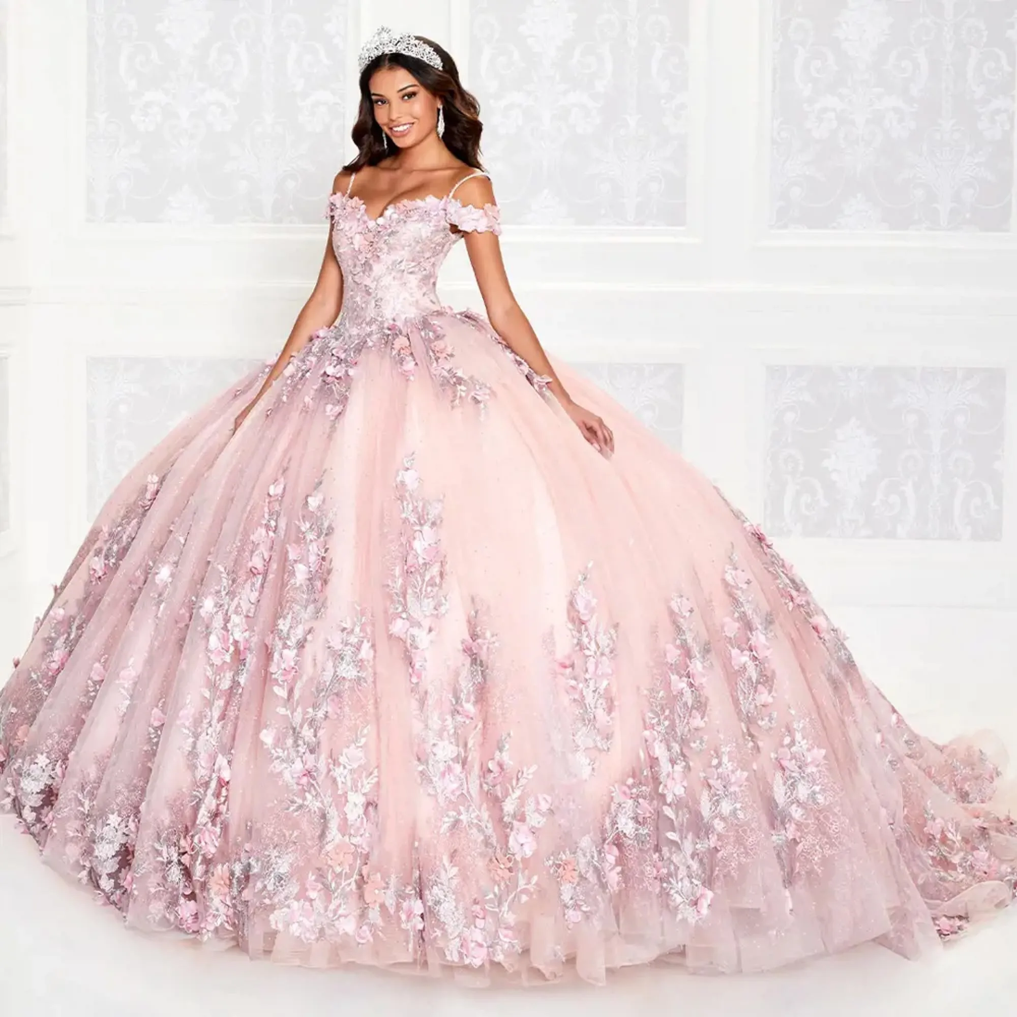 Pink Quinceanera Dresses Ball Gown Off The Shouler Tulle Appliques Puffy Mexican Sweet 16 Dresses Charro 15 Anos