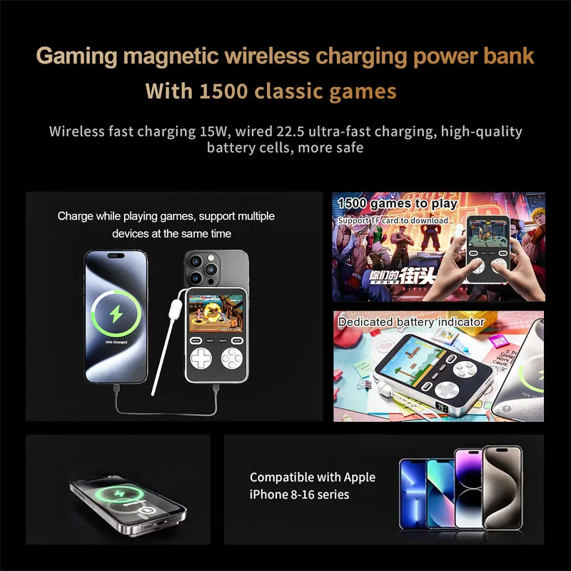 Gaming Magnetic Wireless Charging Power Bank 1,500 games to play 5000mah For iPhone HUAWEI Can charge wirelessly or wired