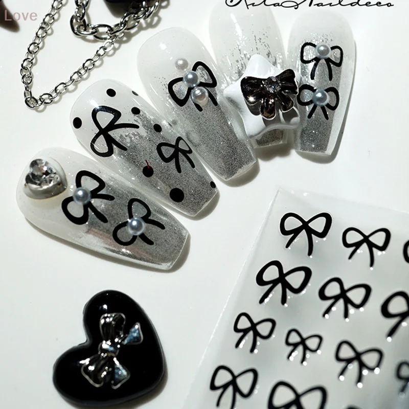 [L & P] 1 قطعة ثلاثية الأبعاد رقيقة أسود أبيض صغير القوس الشريط Bowknot ملصقات الأظافر ملصقات بمادة لاصقة عالية الجودة مسمار الفن الديكور