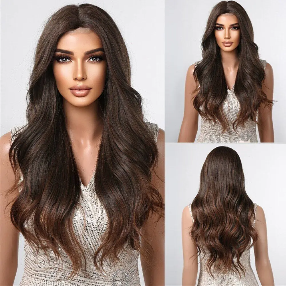 

Long Brown Wave Hair Wig Synthetic Middle Part Hairline Lace Wigs