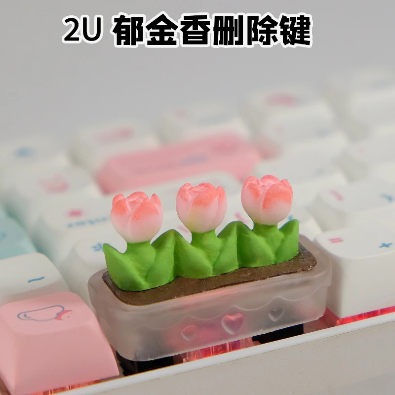 Imagem -03 - Arte Caps Chave Kawaii Handmade Cartoon Presente Teclado Mecânico Bonito Tulipas Plantas Transparente Keycaps Personalizado Rosa