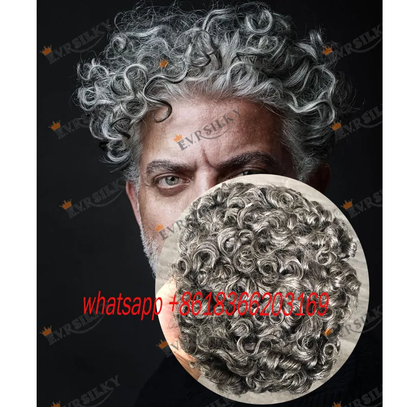 

#1B65 20mm Natural Curly Grey Old Man Durable Full Skin Pu Base Replacement Systems Injection Male Hair Wig Capillary Prosthesis