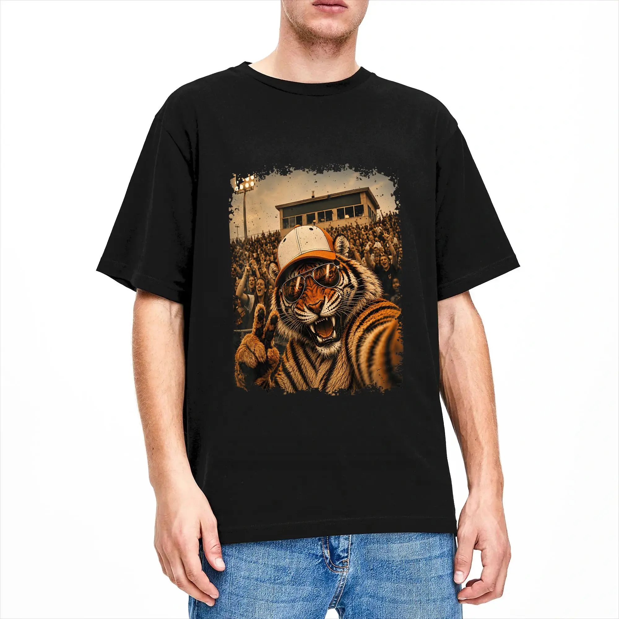 Tiger Funny Selfie T-Shirt Summer  Cotton T Shirts For Male Harajuku Custom Logo Tshirt Short-Sleeve Y2K Funny Tees