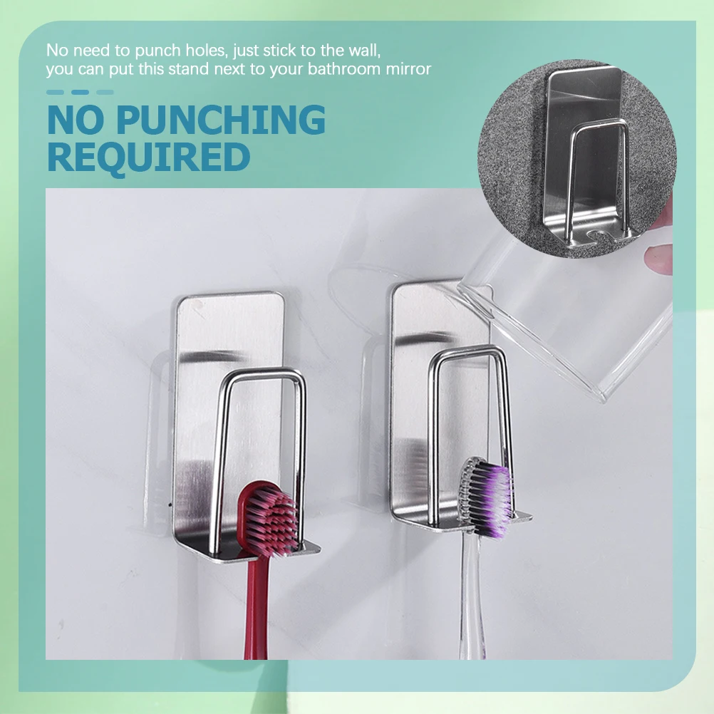 

2 pcs Toothbrush Holder Rack Stainless Steel Wall Mounted Bathroom Organizer Electric Toothbrush Cup Storage No Drilling 304