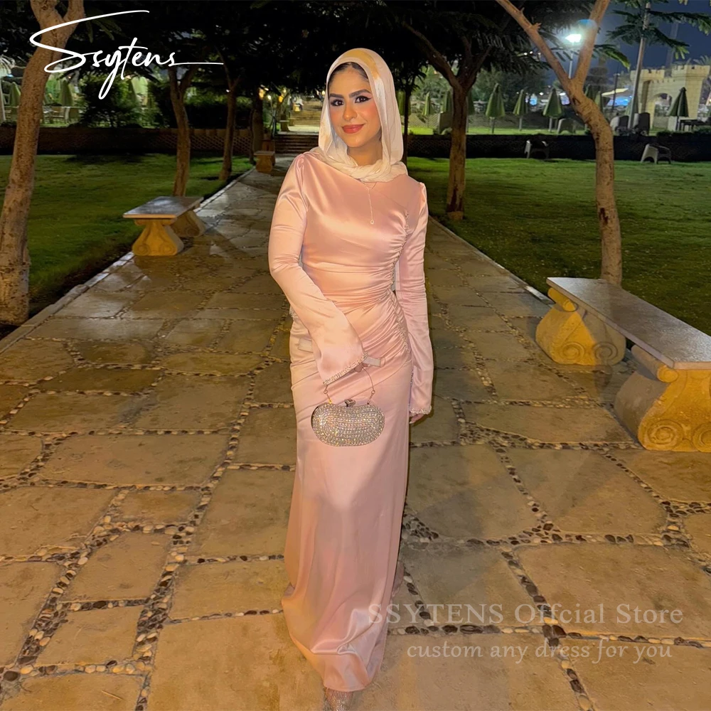 

SSYTENS Pink Special Evening Dresses Muslim Shiny Beads Dubai Party Prom Gowns Saudi Arabic Long Sleeves Women Celebrity Dress