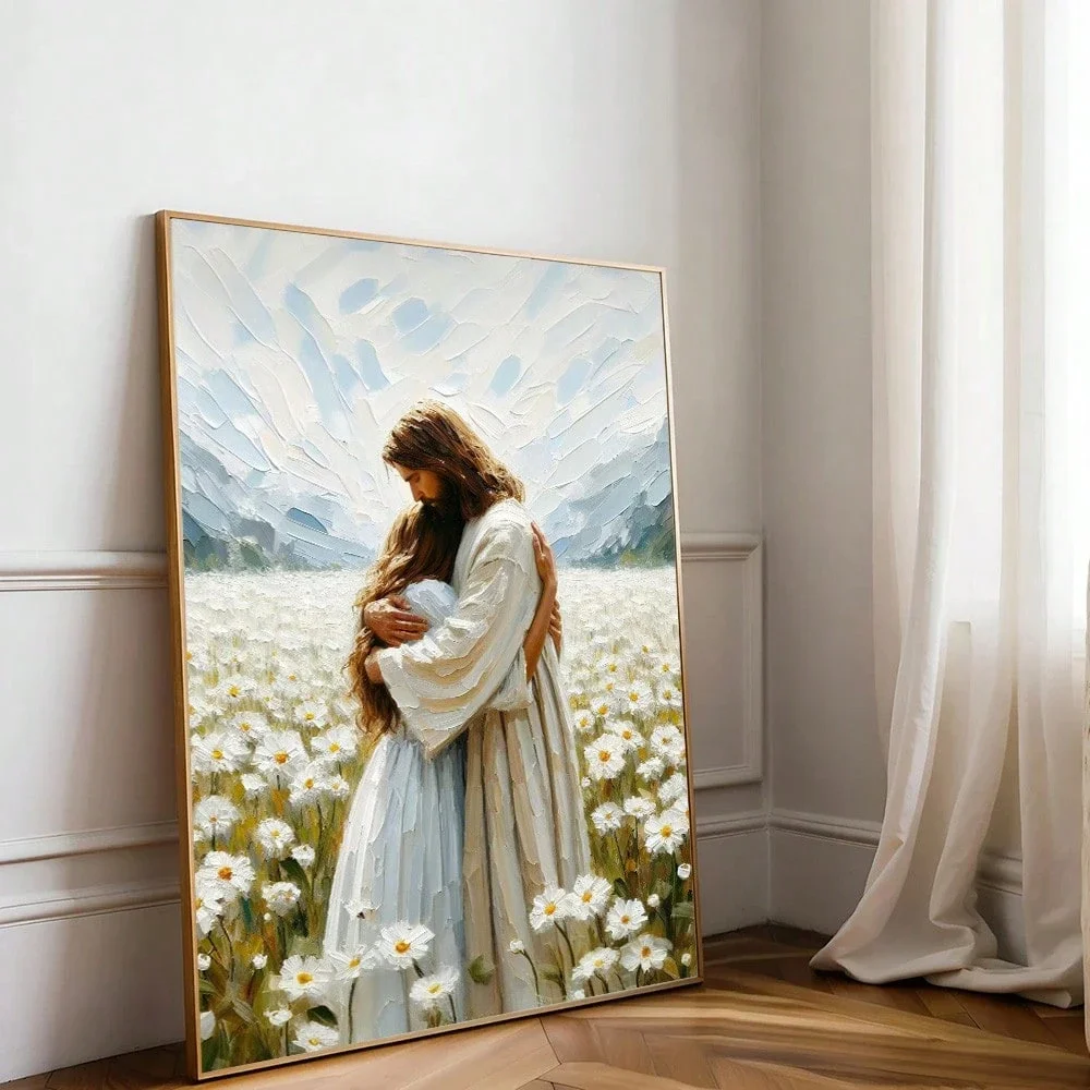 1pc Jesus Hugs Girl Canvas Painting Poster Bible Christian Art Aesthetic Simple Wall Art Devout Believer Gift Home Decoration