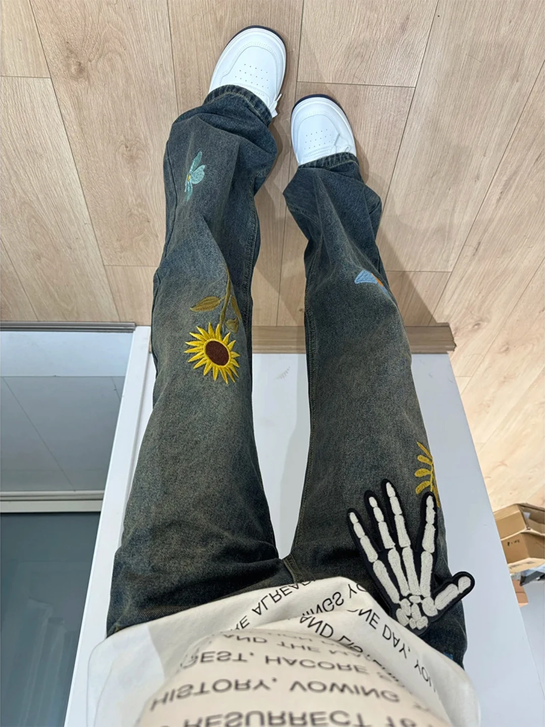 

Deep Blue Floral Embroidery Jeans High Waist Extended Straight Leg Micro Flared American Sle Knife Teenage Men's Denim