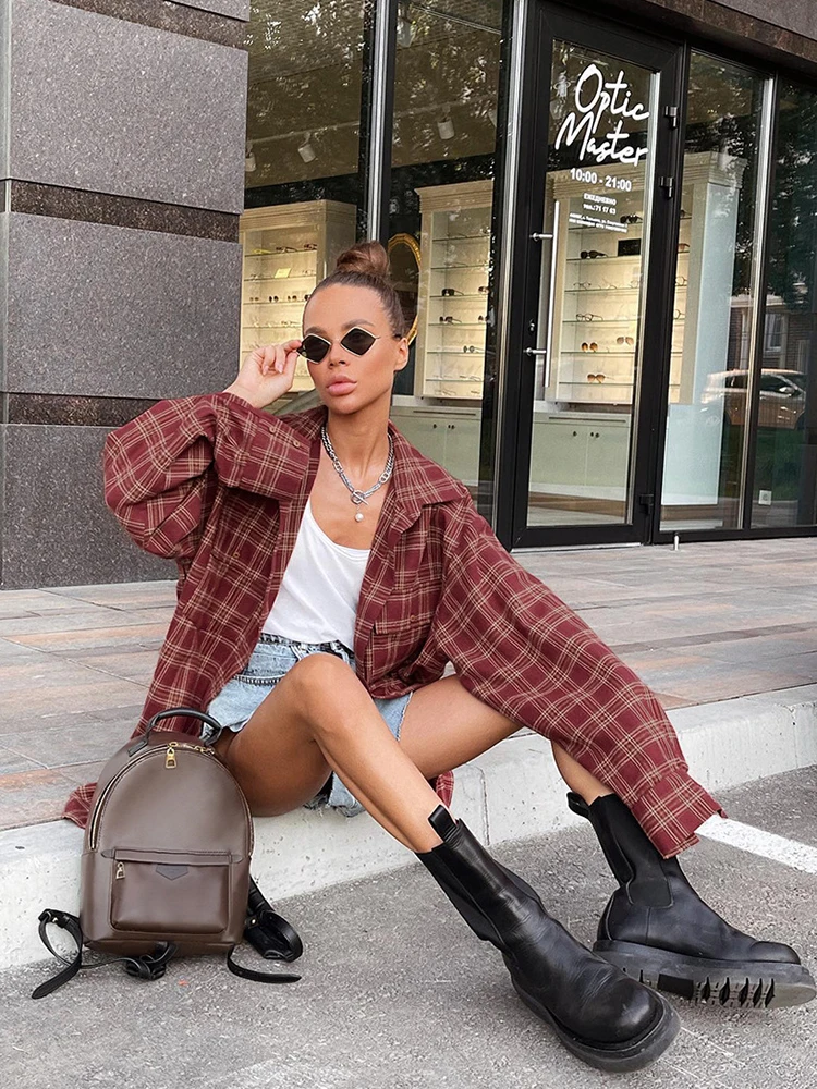 2022 Autumn Winter Women Vintage Thick Long Sleeve Ladies Tops Loose Fit Oversized Plaid Blouse Shirt For Women