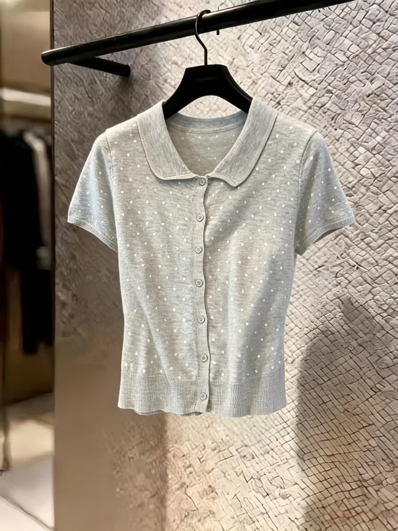 Polka Dot Doll Collar Short Sleeve Knitted Open Cardigan Women's Summer New Versatile Anti-Aging Top Self-Preserving Style