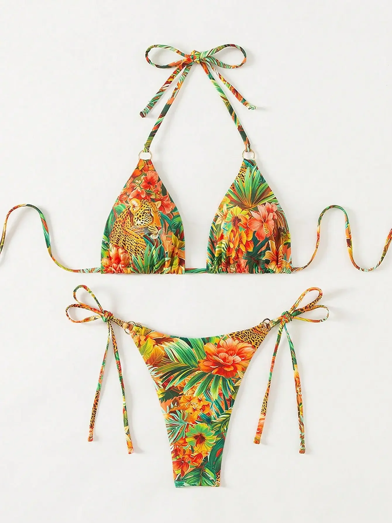 Conjunto de biquíni com estampa tropical feminino 2025 novo maiô de 2 peças sexy triângulo halter sem costas tanga roupa de banho praia férias wear