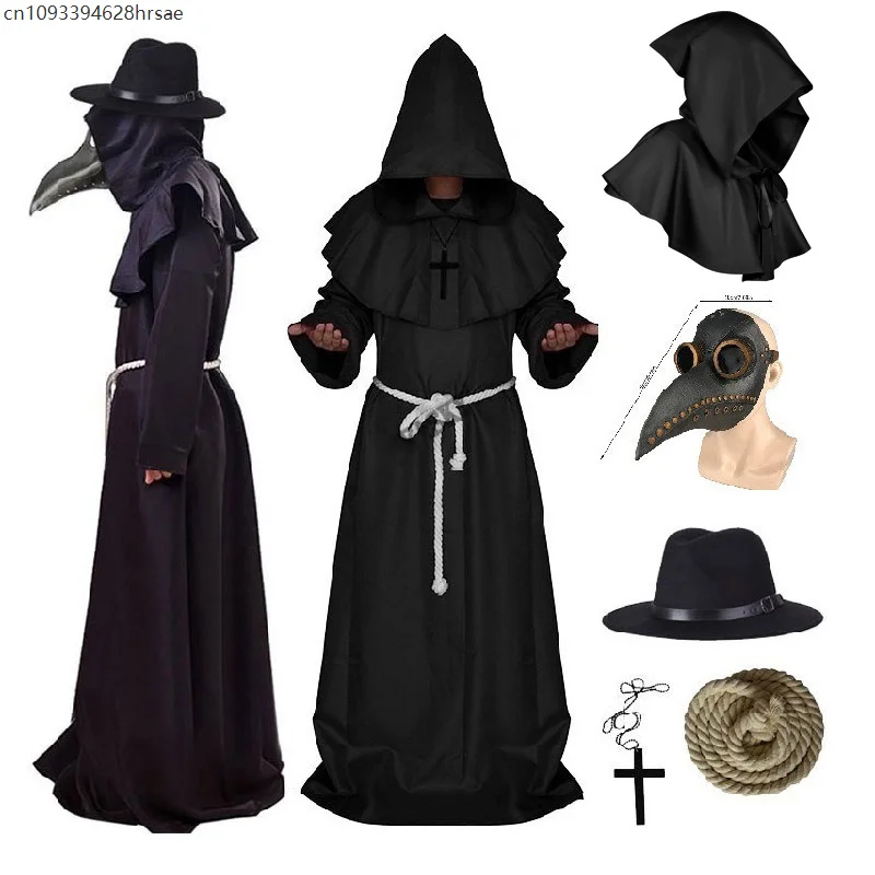 Nuovo Halloween Medievale Con Cappuccio Veste Peste Dottore Costume Cappello Da Uomo Monaco Cosplay Steampunk Sacerdote Horror Mago Mantello Mantello Puntelli
