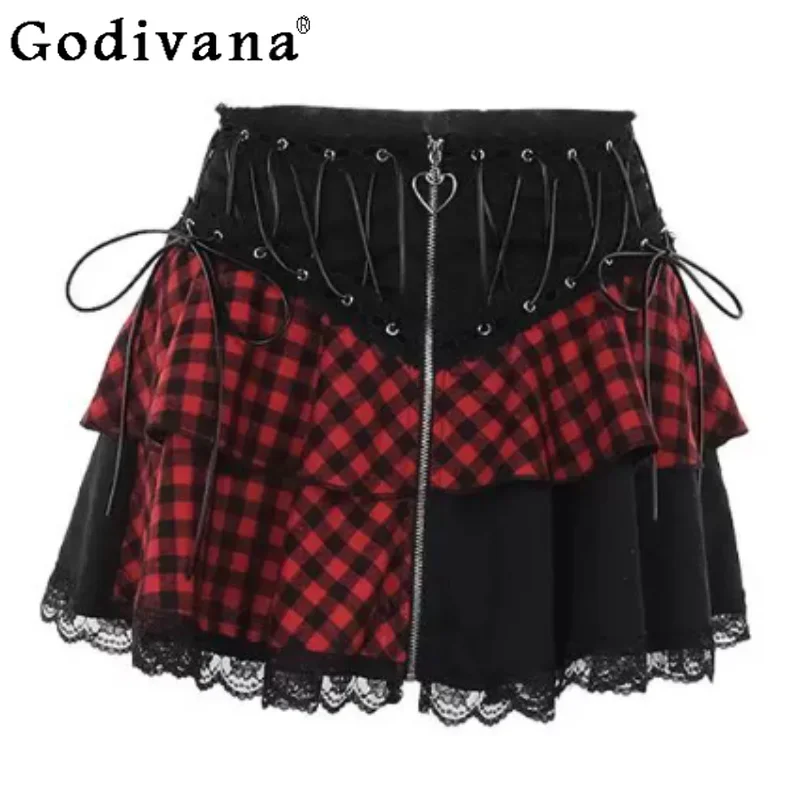 

Summer Sexy Girl Personalized Red Black Chic Short Skirt Fashion High Waist A-line Street Zipper Plaid Lace Splicing Skirts