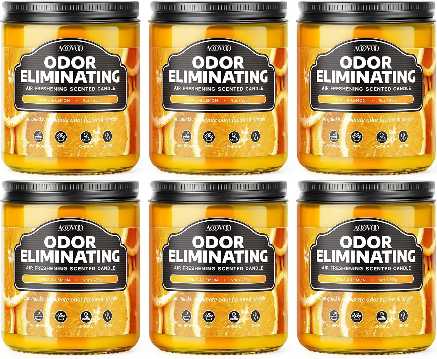 

6-Pack Citrus Lemon Odor Eliminating Candles - Removes 95% of Pet, Smoke, Food Smells Fast with Soy Wax