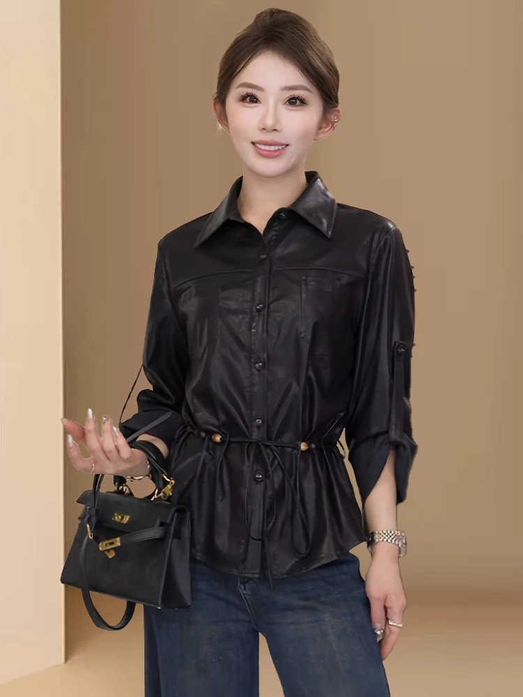 Ele Retro Revers Leer Jaet Dames Top Faionable Veelzijdig Vroege Herfst Nieuwe Sle Koreaanse Sle Pendelen Sle Loose Fit