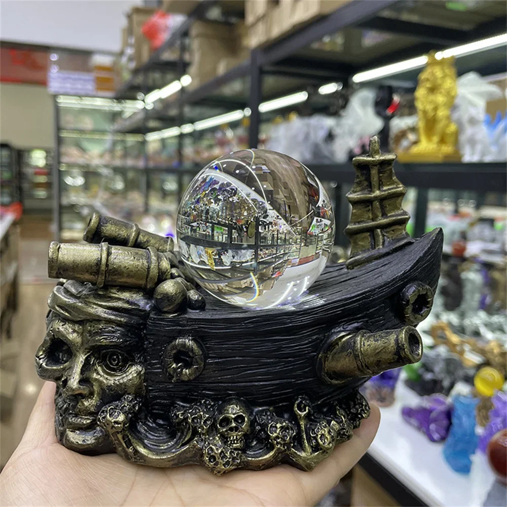 Skull Pirate Ship Resin Statue Crafts Crystal Ball Base Mineral Specimen Bracket Home Decoration Furniture Ornaments