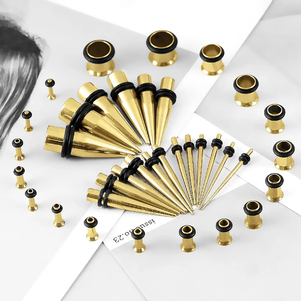 Gold Color 36pcs Taper Ear Gauge Sets 14G-00G Flesh Stretching Kit Tapers Eyelets Stainless Steel Tapers and Plugs Expander Lot