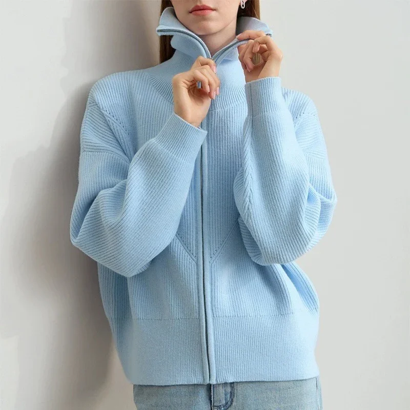 

New Blue Knitted Zip Up Jacket Women Y2K Retro Solid Color Turn Down Collar Cardigan Coat American Street Sweatshirt Outerwear