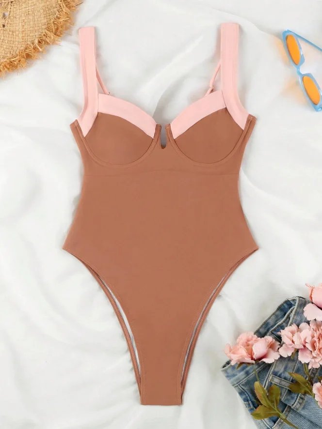 Push Up jednoczęściowy strój kąpielowy damski body z odkrytymi plecami czarny biały strój kąpielowy stringi odzież plażowa 2025 kontrastowy kolor kostiumy kąpielowe basen