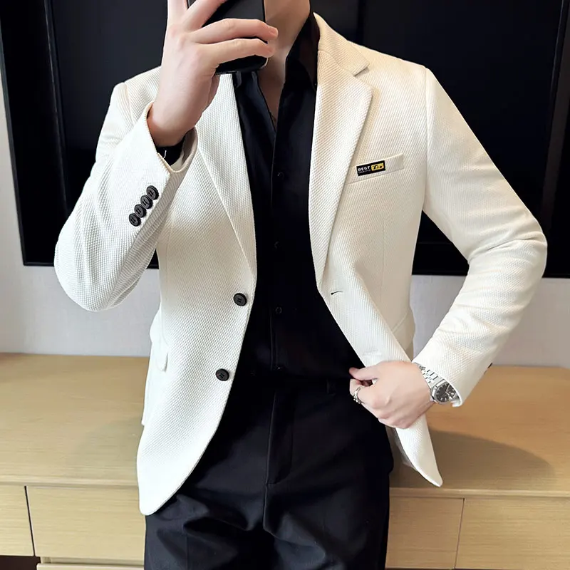 

New Lmitation Cotton Jacquard Korean Slim Fit Suit Jacket Men Fashion Casual Business Blazers Wedding Social Party Dress Coats