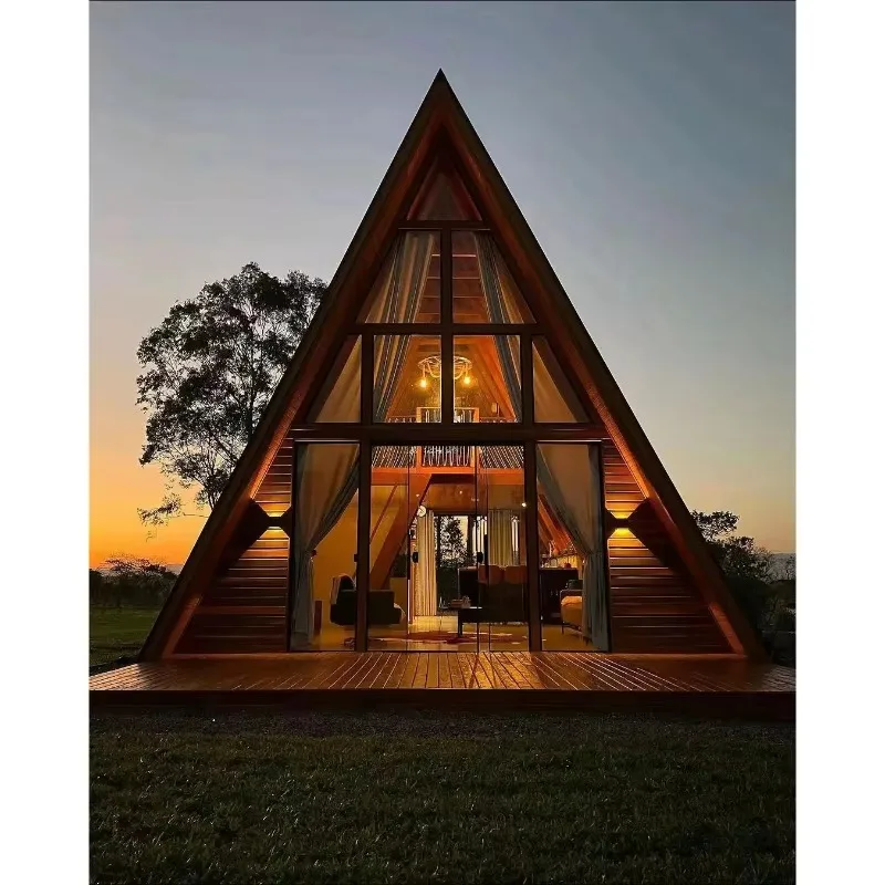 Prefab Tiny Home Cabin Home Customizable Large Wooden Log Luxury The A Frame Triangle Roof Glass Prefab House For Living